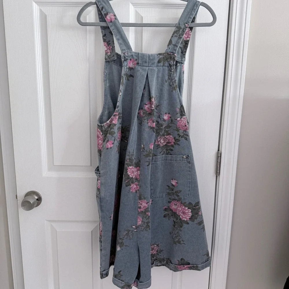 BIB! Floral Denim Shortalls Women XL Blue Pink Rose Print 100% Cotton NWT